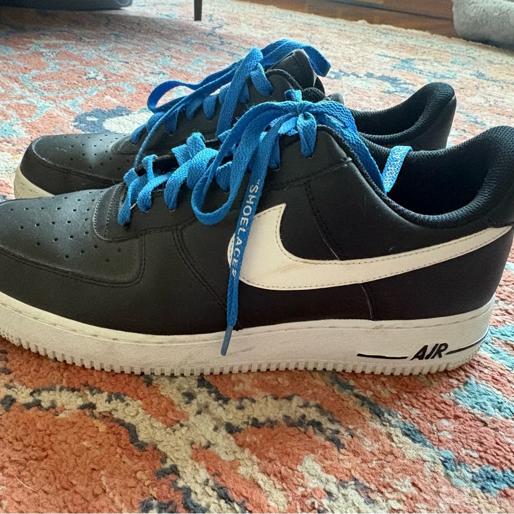 Nike Air Force 1 Black and White Sneakers with Blue Laces